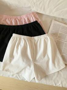 SHEIN EZwear 女士针织休闲短裤三件套，黑色、白色、粉色，夏季棉质短裤，男女通用短裤，三件套女士短裤，夏季女士平角内裤，女士休闲短裤套装，女士短裤，夏季舒适短裤 - 黑與白 - 查看 5