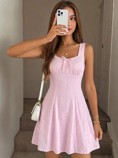 SHEIN Teen Girls Pink Hollow Knit Textured Bust Ruched Square Neck A-Line Dress