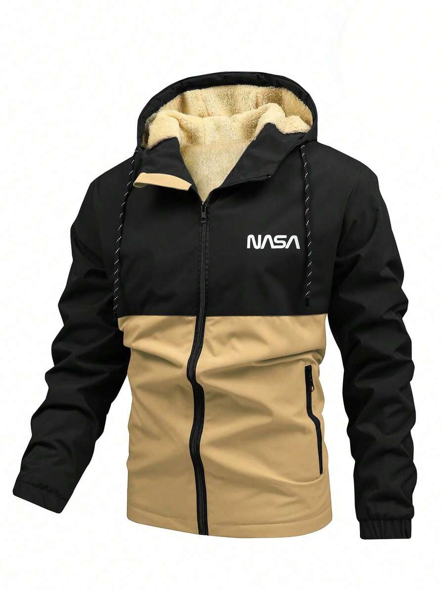 Manfinity Homme Men's Letter Print Contrast Color Zipper Collar Fleece Hoodie Jacket - Multicolor - View 1