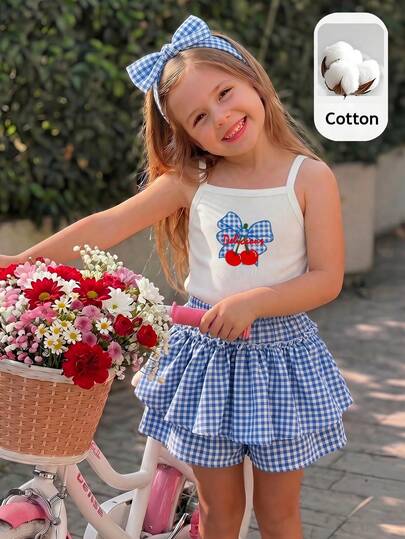 SHEIN Young Girl Cherry Letter Print Camisole And Plaid Skort Cute 2-Piece Set