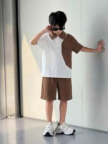 2pcs/Set Older Boys' Street Fashion Soft Jacquard Patchwork Short Sleeve Polo Shirt And Shorts,Brown And White,Summer,Casual,School Stylish Fit Set - Brown - View 3