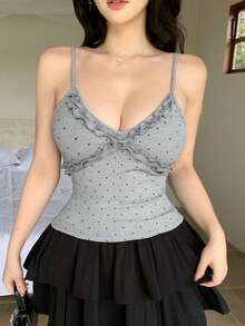 Joudiya Áo hai dây cami nữ phong cách hot girl, dáng ôm slim fit, phối ren patchwork màu xám, kiểu casual dạo phố, mặc lớp lót outdoor, phong cách đi biển nghỉ dưỡng, phù hợp lễ Valentine, mùa xuân hè, lễ hội âm nhạc - Xám - Xem 10