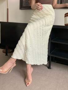 DAZY 新款夏季蕾丝提花鱼尾裙，高腰显瘦紧身裙，优雅一步式女士半身裙 - 米色 - 查看 8