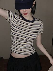 DAZY Colorblock Striped Short Sleeve Round Neck Casual Summer T-Shirt For Women Graphic Tee - Blue - View 3