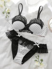 DelicateAllure Polka Dot Mesh Patchwork Lace Lingerie Set - White - View 4