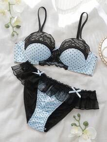 DelicateAllure Polka Dot Mesh Patchwork Lace Lingerie Set - Baby Blue - View 4
