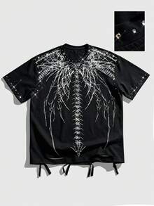 ROMWE MEN Street Life Áo thun nam tay ngắn phong cách punk nghệ thuật, đính đá lấp lánh, kiểu dáng thường ngày - màu đen - Xem 3