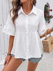 SHEIN Holidaya Cotton Embroidered Shirt, Open Front Shirt, Cotton Embroidered Placket Shirt, Casual Shirt - White - View 5