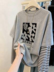 Resyla 1 buah Kaos Wanita Kasual Longgar Leher Bulat - Grey - View 1