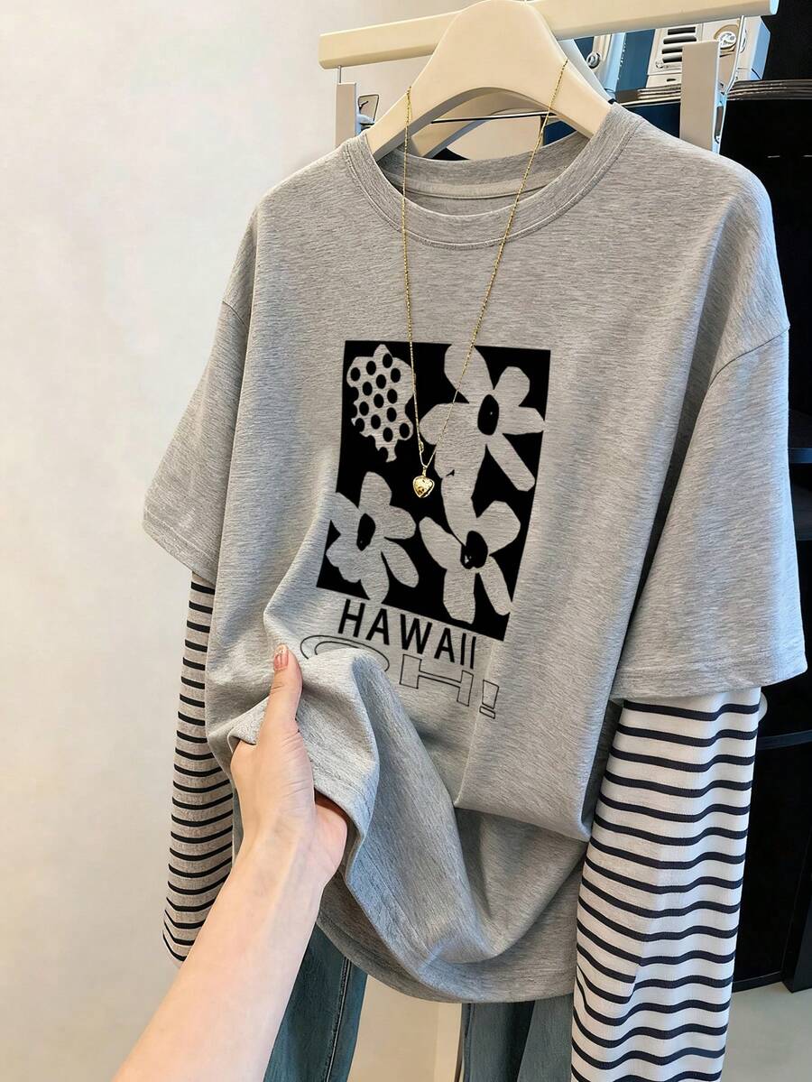 Resyla 1 buah Kaos Wanita Kasual Longgar Leher Bulat - Grey - View 1