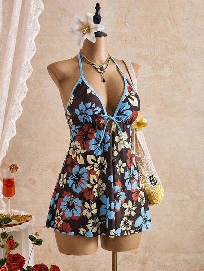 Bellisia Vestido de baño con estampado floral y lazo en la cintura, adecuado para vacaciones y playa