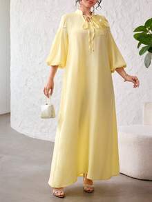 Yasmyna Yellow Sweet Lantern Sleeve Tie-Waist Loose Flowy Elegant Holiday Dress For Women - Yellow - View 8