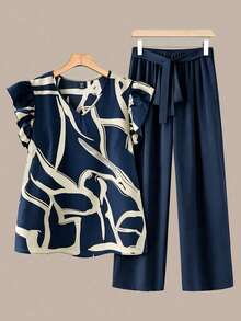 Linhara Plus Size Women Floral Print Cap Sleeve Shirt And Pants Casual 2 Piece Set - Navy Blue - View 1