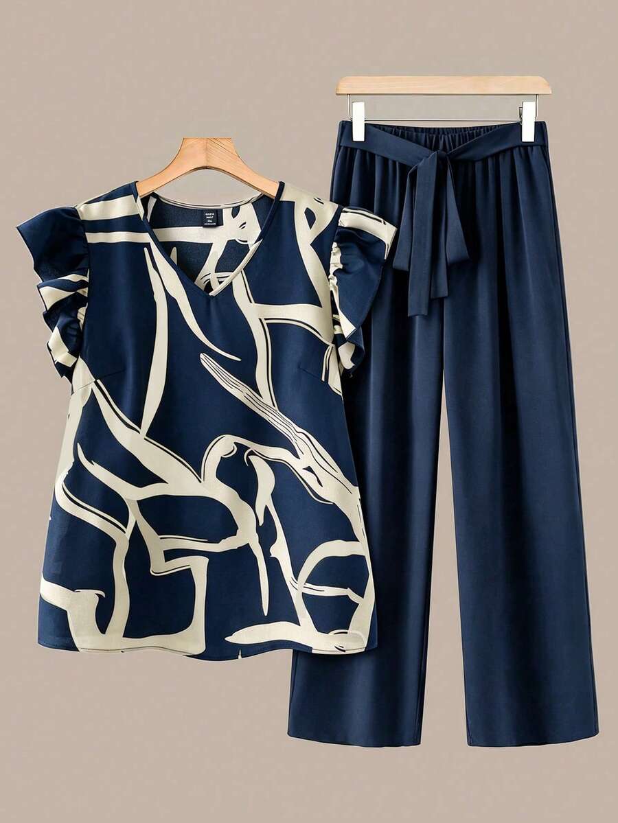 Linhara Plus Size Women Floral Print Cap Sleeve Shirt And Pants Casual 2 Piece Set - Navy Blue - View 1