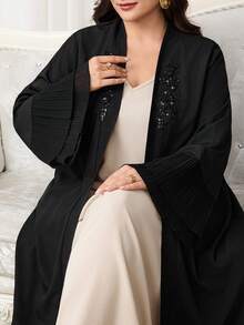 Al Najma Plus Size Women Sequin Patchwork Elegant Long Sleeve Abaya - Black - View 3