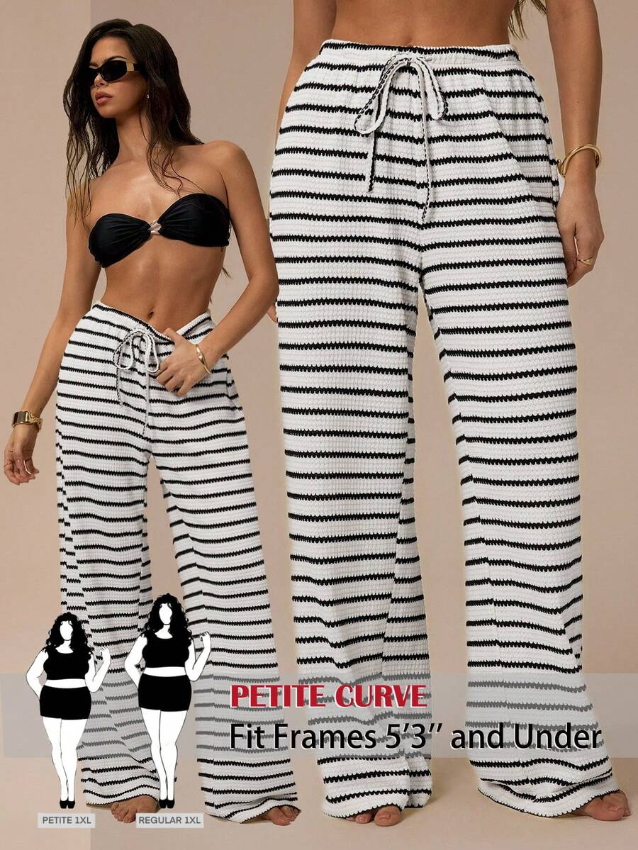 SHEIN PETITE CURVE Plus Size Women's Front Tie Striped Casual Pants, Suitable For Everyday Wear Fall - Black and White - View 1