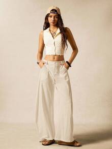 Pantalones anchos de uso diario de unicolor con bolsillo y botón, versátiles y casuales para mujeres - Albaricoque - Ver 4