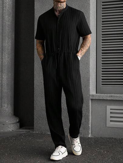 Manfinity CasualCool Men's Casual Solid Color Drawstring Waist Textured Short Sleeve Jumpsuit, Summer