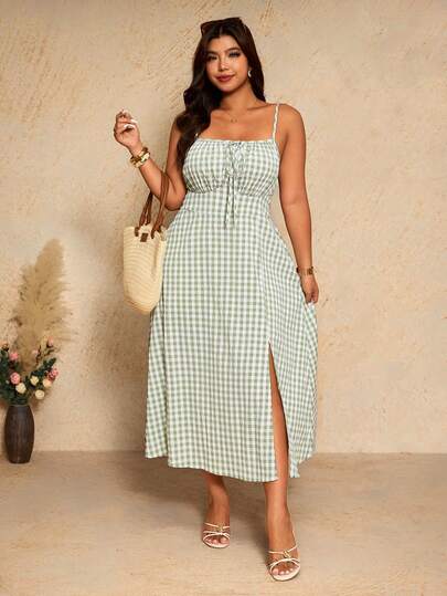 Elaquor Plus Size Women Plaid Lace-Up Front Casual Strap Dress