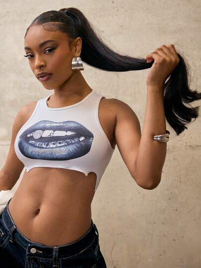 Denimoi Sexy Cropped Graphic Tee Fashion Streetwear Crop Top Concert Outfits Lip Graphic Tee Super Crop