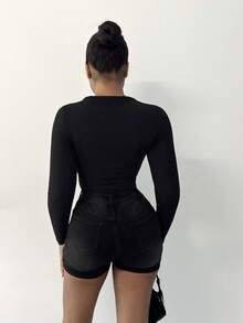 Alexandranx Bộ đồ liền thân dài tay co giãn màu đen phong cách Rave Outfit mùa thu/mọi mùa dành cho nữ tại lễ hội âm nhạc Y2K Gyaru - màu đen - Xem 2