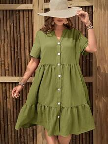 EMERY ROSE Plus Size Women Solid Color Notched V-Neck Short Sleeve Single-Breasted Casual Dress - Green - View 4