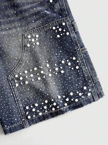 ROMWE MEN Men's Loose Fit Denim Shorts With Sparkling Diamond And Pearl Decor - Blue - View 2