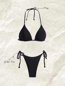 Swim Mod Solid Color Triangle Cup Halter Bikini Set, Tie-Up Low Waist Swimwear, Backless Tankini, Suitable For Beach, Hot Spring, Photo Shooting, Swimming - Black - View 4