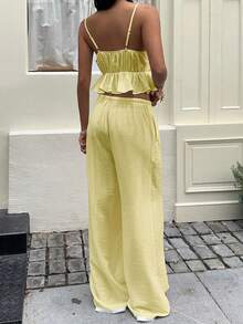 2-Piece Set Of White Linen Tank Top With V-Neck And Ruffled Hem, And Low-Waisted Fringed Trousers, Dress Set - Yellow - View 2