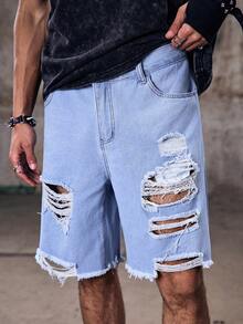 Skyrend 男士寬鬆棉質梯形破洞牛仔短褲 Jorts 工作休閒都市度假街頭風 - 淺色水洗藍 - 查看 6