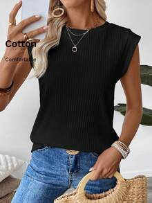 EMERY ROSE Women's Solid Color Round Neck Ribbed Casual Versatile T-Shirt,Summer Top - Black - View 1