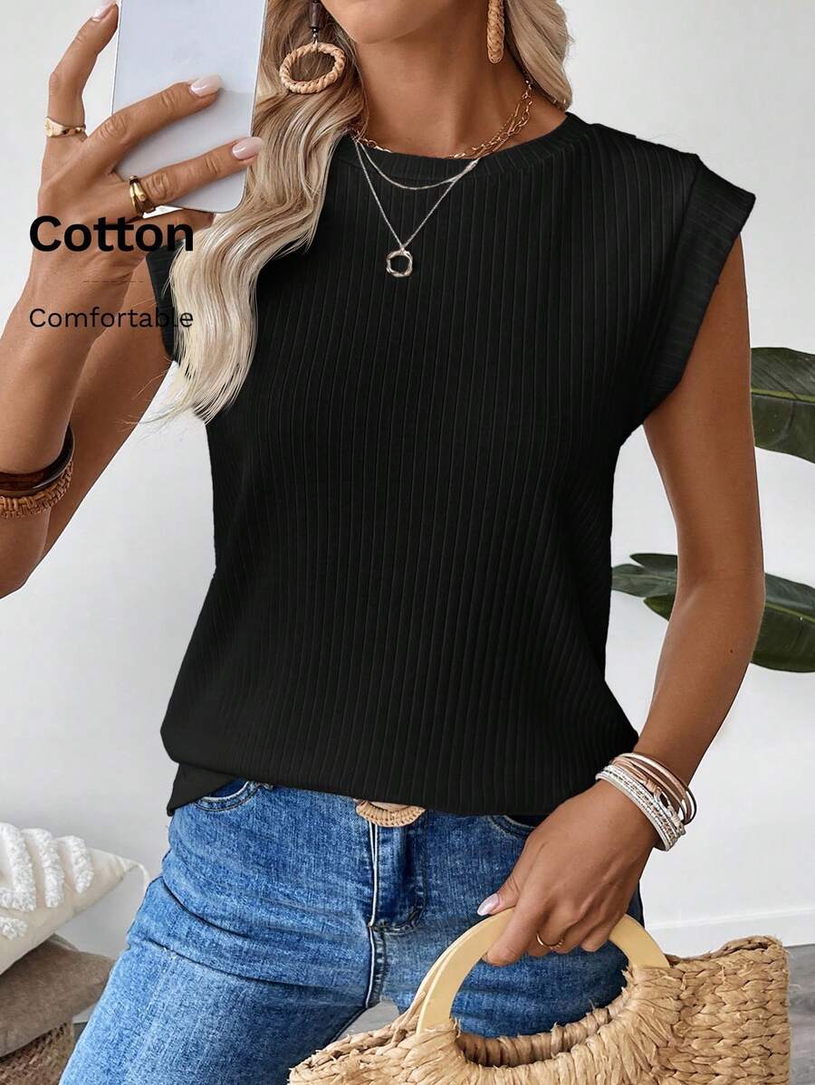 EMERY ROSE Women's Solid Color Round Neck Ribbed Casual Versatile T-Shirt,Summer Top - Black - View 1
