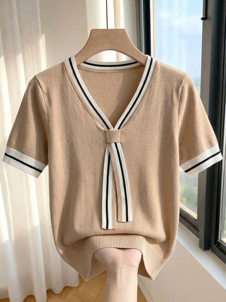 SHEIN Rosurelle 女士休闲撞色条纹短袖针织上衣,春夏 - 卡其色 - 查看 1
