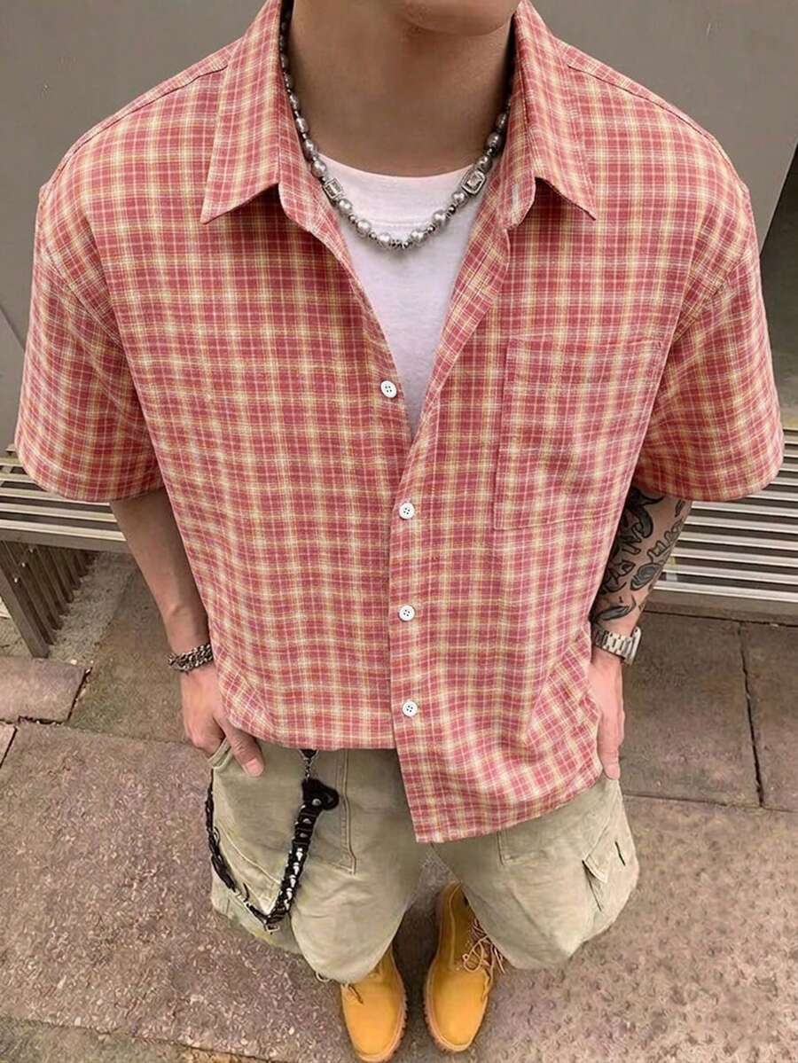 STEELVANCE 男士小格纹短袖衬衫,单口袋经典款,适合正式或休闲场合,如度假、用餐、办公、居家休闲等,百搭舒适面料,自穿或送礼皆宜。 - 紅色 - 查看 1