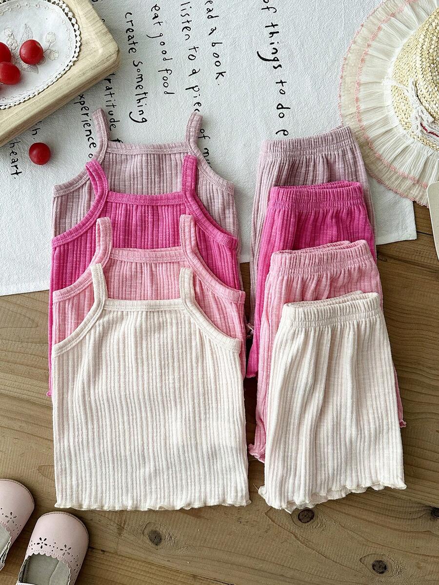 SHEIN 女婴0-3岁8件套/4套休闲可爱简约风春夏外出服,4款纯色套装,无袖上衣+短裤 - 彩色 - 查看 1