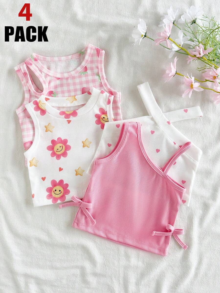SHEIN Playful Pals Set de 4 piezas de tops de tirantes de unicolor y colorido para bebés niñas, para el verano - Multicolor - Ver 1