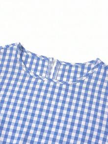Ellevyn 女士夏季度假野餐格子圆领腰带口袋无袖宽松休闲连衣裙，适合各种场合、休闲通勤和旅行 - 藍白色 - 查看 4