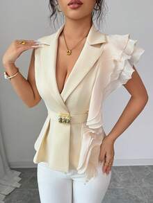 SHEIN Elenzya Áo blazer nữ cổ chữ V sâu, ve áo xếp nếp, kiểu dáng thường ngày, đa năng, thích hợp đi làm. - Màu be - Xem 5
