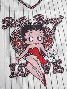 Betty Boop x SHEIN 大码女式条纹、字母、豹纹V领T恤 - 白色 - 查看 3