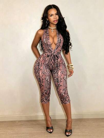 BamGleam 2026 New Retro Street Animal Print Spaghetti Strap Collar Jumpsuit, Sexy Backless Deep V-Neck Sleeveless Bodycon Biker Shorts Jumpsuit, Suitable For Club Party Or Night Out Wear