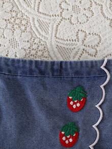SHEIN Elladie kids 2件組可愛草莓刺繡女嬰套裝 粉色夏季無袖針織背心搭配荷葉邊牛仔裙褲 2歲生日時尚柔軟套裝 - 粉色 - 查看 5