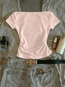 INAWLY Camiseta casual de mujer de un solo color con hombros descubiertos y fruncido - Rosa Pálido - Ver 2