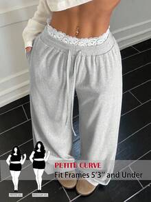 SHEIN PETITE CURVE 大码女式休闲蕾丝边抽绳腰带口袋长裤 - 灰色 - 查看 3
