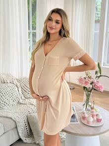 Moonlight&Mama Đầm bầu cổ chữ V tay ngắn cài một hàng khuy kiểu dáng thường ngày - Màu be - Xem 5