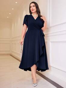 Modelyn Plus Size Women V-Neck Floral Petal Short Sleeve Side Knot Elegant Dress - Navy Blue - View 4