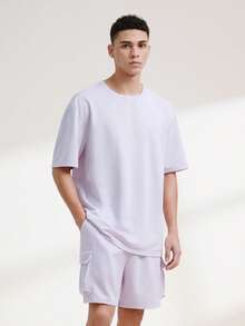 Men's Summer Solid Color Round Neck Short Sleeve Casual T-Shirt And Drawstring Waist Shorts Set, Going Out, Cozy Outfits Father's Day – A Fathers Day Gift Guide - Purple - View 1