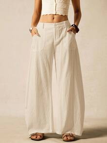 Pantalones anchos de uso diario de unicolor con bolsillo y botón, versátiles y casuales para mujeres - Albaricoque - Ver 7