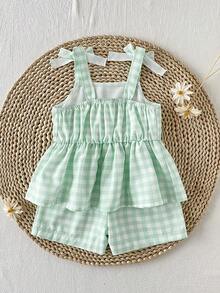 SHEIN 2件套女婴幼儿/新生儿0-3岁休闲日常可爱度假条纹蝴蝶结装饰吊带背心+短裤套装，春夏款 - 薄荷綠 - 查看 2