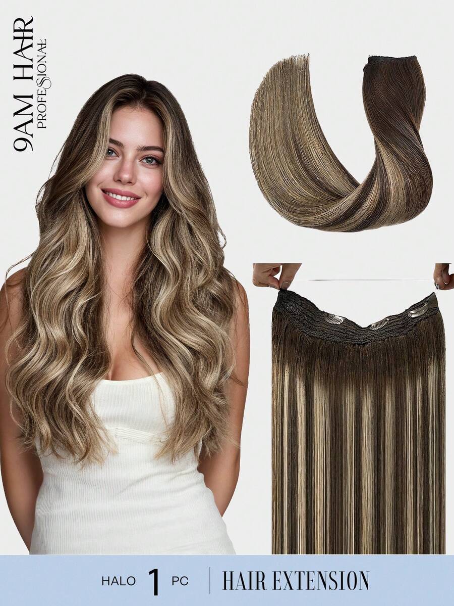 Ekstensi Rambut Halo Rambut Manusia Asli 100% Tanpa Sambungan, Panjang 12-16 inci, Lurus, Lembut, Warna Cokelat Tua hingga Emas Karamel, Ekstensi Rambut Remy dengan Jepitan. - S4/26/4 - View 1