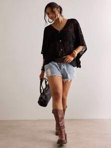 Freevana Plus Size Textured Batwing Sleeve V-Neck Blouse - Black - View 7